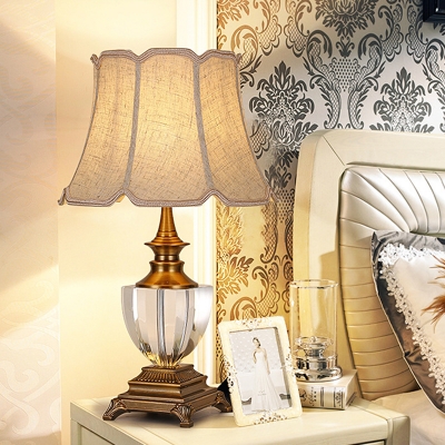 Beige 1 Light Table Lamp Traditionalist Faceted Crystal Paneled Bell Nightstand Light with Fabric Shade