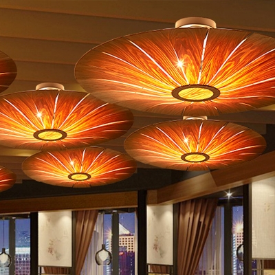 Beige Round Semi Flush Light Chinese 3 Heads Wood Ceiling Mounted Fixture for Restaurant