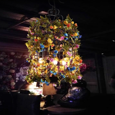 Birdcage Metal Chandelier Light Industrial 3 Bulbs Restaurant LED Plant Hanging Lamp in Green