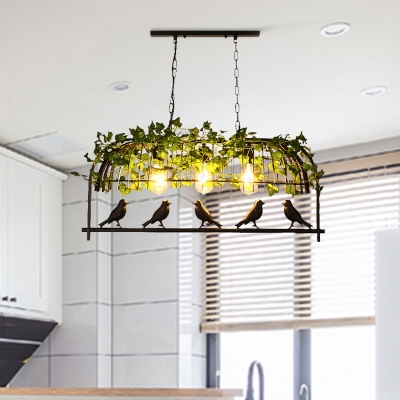 Black 3 Lights Island Ceiling Light Retro Metal Bird Cage Drop Lamp with Plant for Restaurant