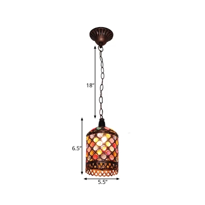 Bronze 1 Light Pendant Lighting Traditional Stained Glass Cylinder/Rectangle/Barrel Hanging Light Fixture
