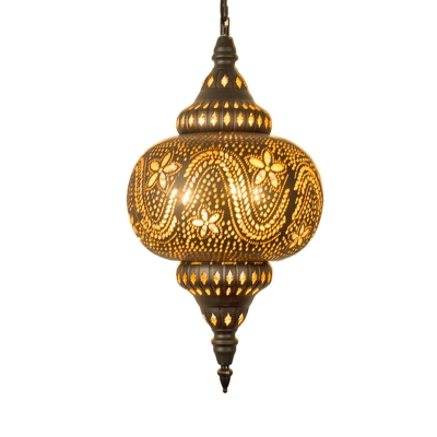 Carved Down Lighting Traditional 1 Bulb Metal Hanging Light Fixture in Brass, 8