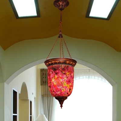 Cylinder Corridor Pendant Light Fixture Traditional Stained Glass 1 Head Red Hanging Lamp