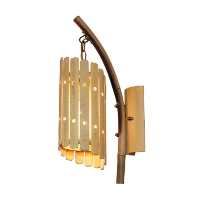 Cylindrical Wall Lighting Asian Wood 1 Bulb Beige Sconce Light Fixture with Curved Arm