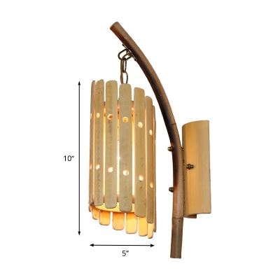 Cylindrical Wall Lighting Asian Wood 1 Bulb Beige Sconce Light Fixture with Curved Arm
