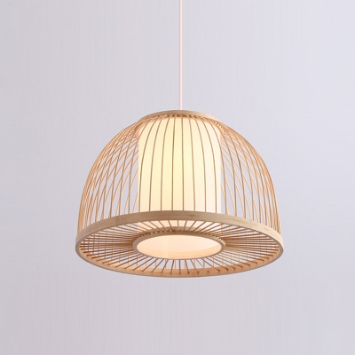 Dome Ceiling Lamp Asia Bamboo 1 Head Wood Hanging Pendant Light with Inner White Tube Parchment Shade, 14
