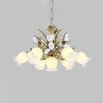 Floral Cream Glass Chandelier Light Traditionalism 4/7/9 Bulbs Bedroom LED Pendant Lamp in Green