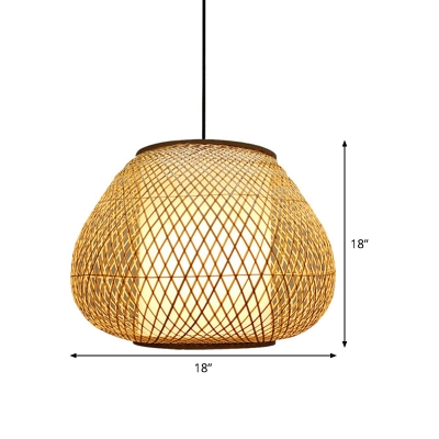 Hand Woven Ceiling Lamp Asian Bamboo 1 Bulb Beige Hanging Light Fixture for Living Room
