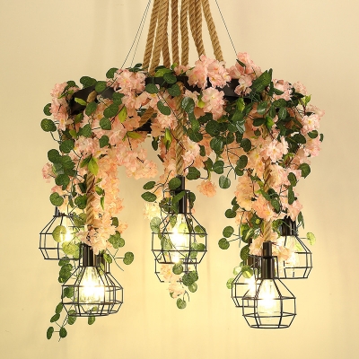 Hemp Rope Bulb Chandelier Lamp Industrial 8 Lights Restaurant LED Ceiling Pendant in Black with Flower Decoration