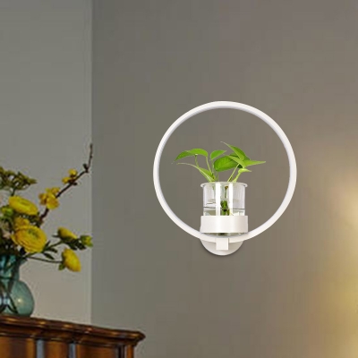 Industrial Round Sconce Light Fixture 1 Head Metal LED Wall Mount Lamp in Black/Grey/White with Plant Decor