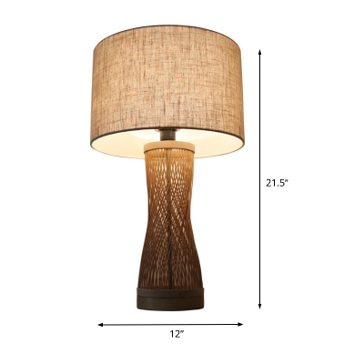 Laser Cut Bamboo Task Light Asian 1 Bulb Flaxen Desk Lamp with Drum Fabric Shade
