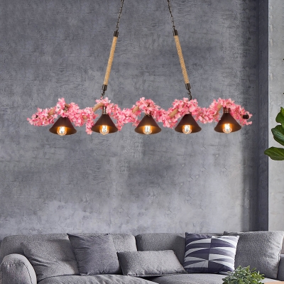 Metal Pink Linear Pendant Conical 5 Lights Farmhouse Billiard Pool Table Hanging Light Fixture for Restaurant