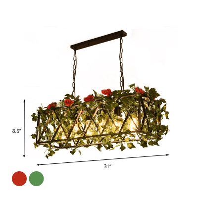 Metal Red/Green Island Pendant Light Rectangular 6 Bulbs Industrial LED Ceiling Suspension Lamp with Flower/Plant