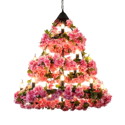 Metal Rose Pink Chandelier Lighting 3 Tiers 18 Lights Retro LED Flower Ceiling Pendant for Restaurant
