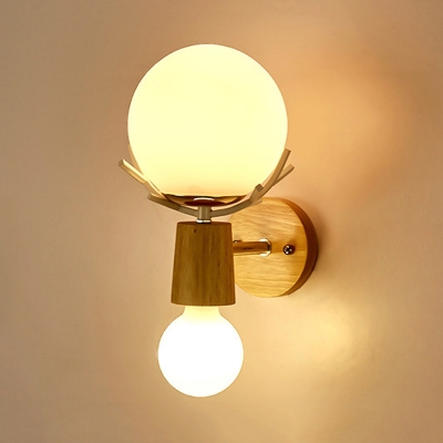 Modernist 2 Heads Sconce Light Wood Sphere Wall Mounted Lamp with Opal Glass Shade