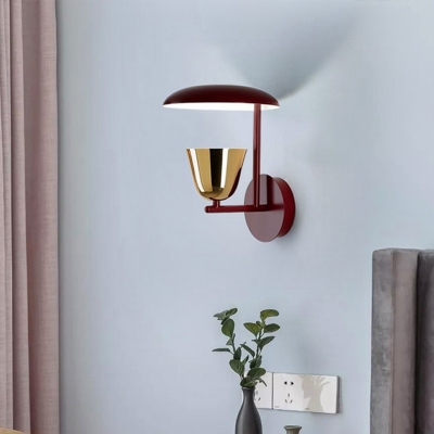 Red Armed Wall Lamp Contemporary 1 Head Metal Sconce Light Fixture with Gold Bell Shade