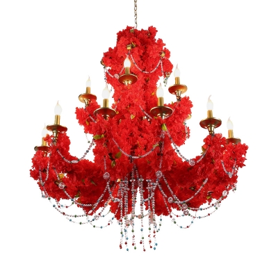 Red Candelabra LED Chandelier Light Vintage Metal 12 Lights Restaurant Flower Drop Lamp with Crystal Accent