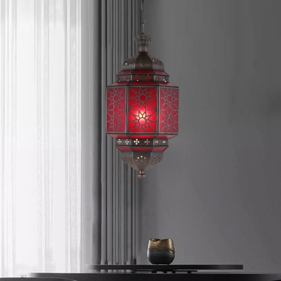 Red Glass Lantern Hanging Lighting Art Deco 1 Head Restaurant Pendant Lamp Fixture with Chain