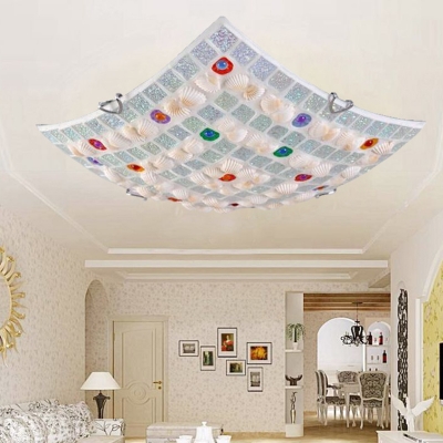 

Square Flush Mount Mediterranean Shell // Wide 3 Lights White Flush Ceiling Light for Bedroom, HL579810