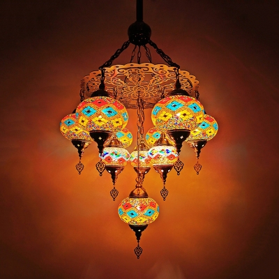 Traditional Ball Chandelier Pendant 10 Heads White/Yellow/Orange Stained Glass Hanging Light Fixture
