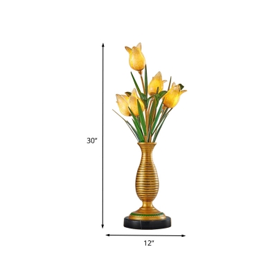 Pastoral Style Tulip Nightstand Lighting 5-Light Amber Glass Night Table Lamp in Gold for Living Room