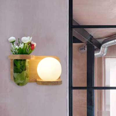 Wood Ball Sconce Light Fixture Industrial Opal Glass 1 Bulb Restaurant LED Wall Mount Lamp without Plant, Left/Right