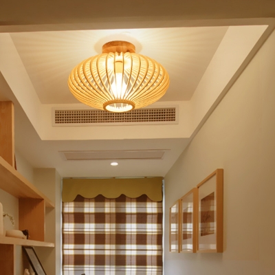 Wood Laser Cut Semi Flush Light Japanese 1 Bulb Close to Ceiling Lighting in Beige