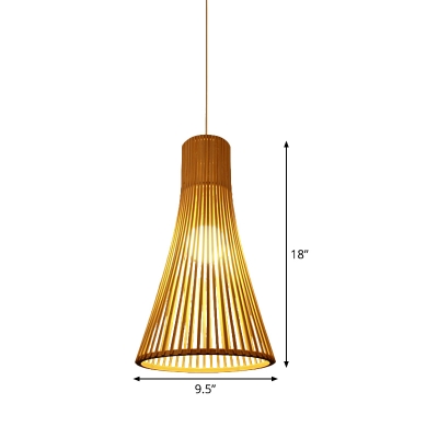 1 Bulb Dining Room Pendant Lamp Asia Beige Hanging Ceiling Light with Trumpet Bamboo Shade