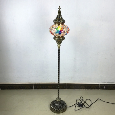 1 Bulb Floor Lamp Traditional Living Room Stand Up Light with Oval Red/Yellow/Blue Stained Glass Shade