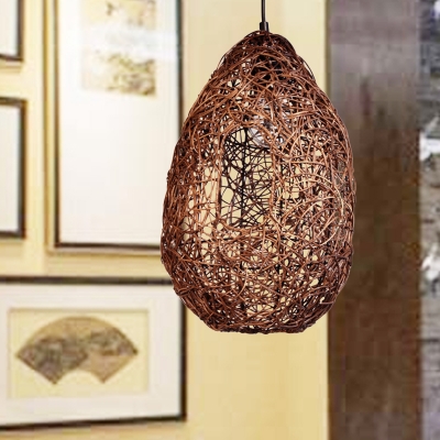 1 Bulb Restaurant Pendant Lamp Asia Brown Hanging Light Fixture with Cage Rattan Shade
