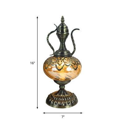 1-Bulb Teapot/Incense Burner Table Lamp Art Deco Brass Metal Night Light with Amber Glass Shade, 14
