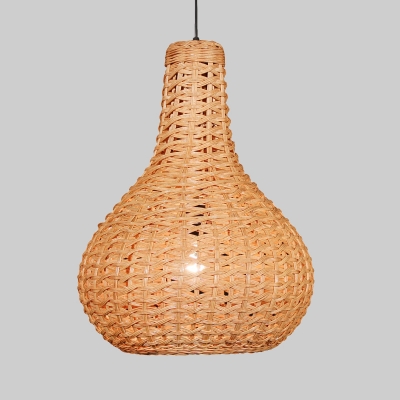 1 Head Hand-Woven Pendant Lighting Chinese Rattan Ceiling Suspension Lamp in Beige