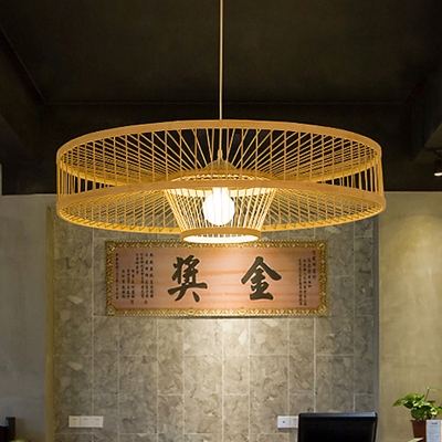 1 Head Restaurant Hanging Lamp Asia Beige Ceiling Pendant Light with Laser Cut Bamboo Shade