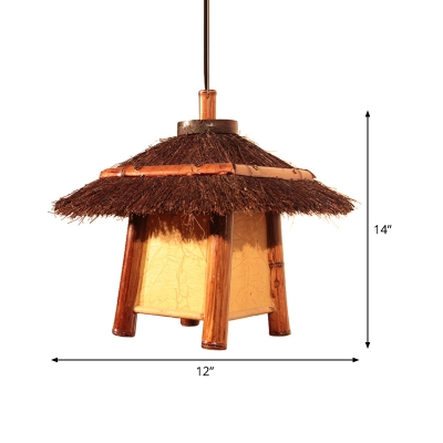 1 Head Teahouse Pendant Lighting Asia Brown Hanging Ceiling Light with Tower Wood Shade