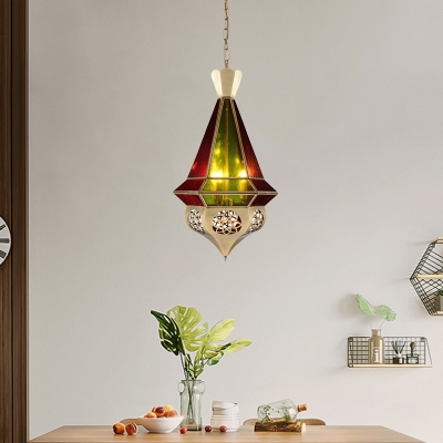 3 Bulbs Hanging Chandelier Art Deco Hallway Suspension Pendant Lamp with Cone Colorful Glass Shade in Brass