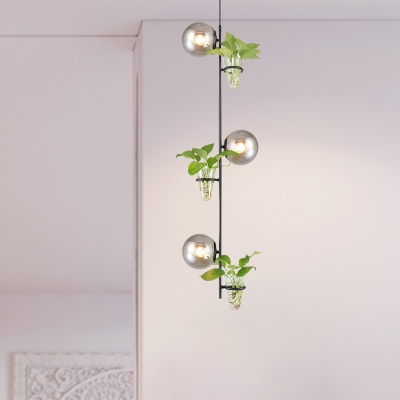 3 Heads Hanging Light Kit Industrial Linear Milk White/Smoke Grey Glass Chandelier Lamp in Black/Gold with Plant Deco