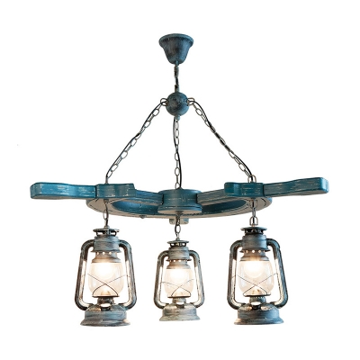 3 Lights Clear Glass Chandelier Lighting Fixture Vintage Blue Kerosene Living Room Pendant Light