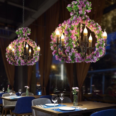 5 Lights Chandelier Lighting Fixture Industrial Candlestick Metal Hanging Lamp in Black with Flower Decoration