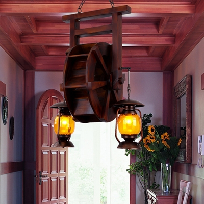 Amber Glass Dark Wood Chandelier Lighting Fixture Lantern 3 Lights Industrial Style Hanging Fixture