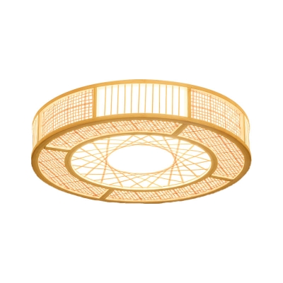 Bamboo Cylindrical Flush Light Japanese 3 Heads Close to Ceiling Lighting in Wood
