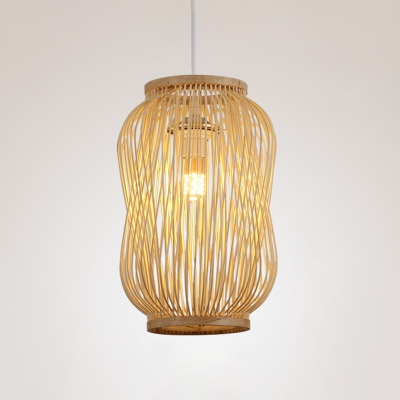 Bamboo Lantern Pendant Lighting Chinese 1 Head Beige Ceiling Suspension Lamp for Tearoom