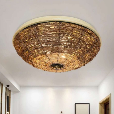 Bowl Flush Mount Asian Rattan 3 Bulbs Brown Close to Ceiling Lamp for Living Room