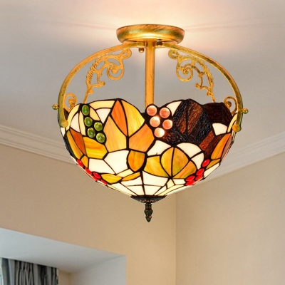 Brass Grape Ceiling Mount Tiffany Style 2/3 Lights Cut Glass Semi Flush Light for Bedroom