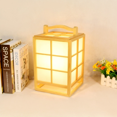 Chinese 1 Head Desk Light Beige Rectangular Task Lighting with Wood Shade for Teahouse