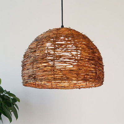 Domed Rattan Ceiling Lamp Asia 1 Head Brown Pendant Light Fixture with Inner Orb White Glass Shade