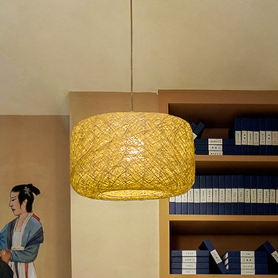 Drum Ceiling Light Asian Bamboo 1 Head Flaxen Pendant Lighting Fixture for Living Room