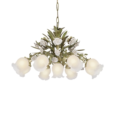 Floral Cream Glass Chandelier Light Traditionalism 4/7/9 Bulbs Bedroom LED Pendant Lamp in Green