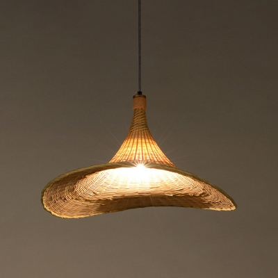 Hat Bamboo Pendant Lamp Asian 1 Head Flaxen Hanging Ceiling Light for Dining Room