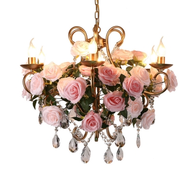 Industrial Candle Ceiling Chandelier 6 Bulbs Metal LED Flower Hanging Light Fixture in Gold with Crystal Accent