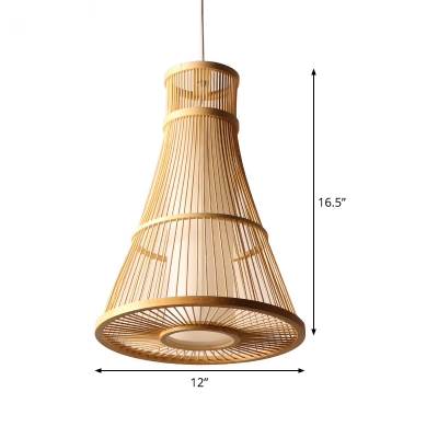 Japanese 1 Head Hanging Lamp Beige Tapered Pendant Light Fixture with Bamboo Shade